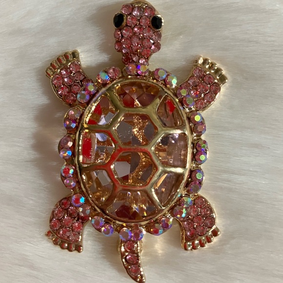 Jewelry - 🐢 PINK & RAINBOW RHINESTONE Turtle Brooch & Pendant Gold Base Beach Work Wear